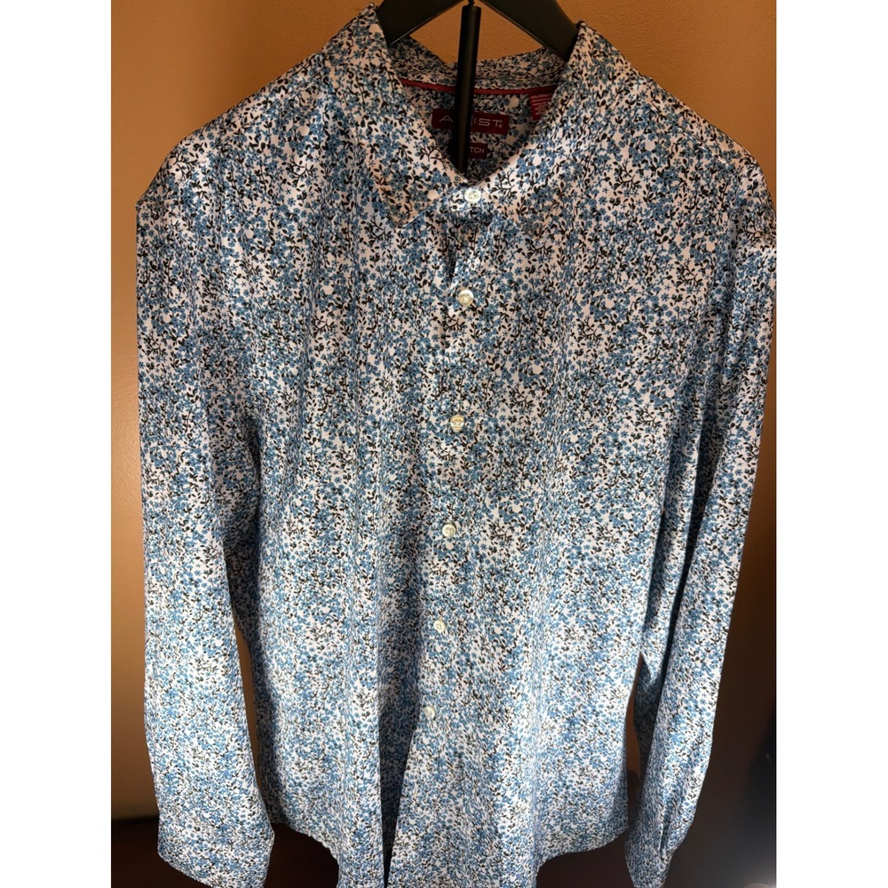 Axist Mens XXL Blue Floral Ditsy Print Stretch Long Sleeve Button Down Shirt